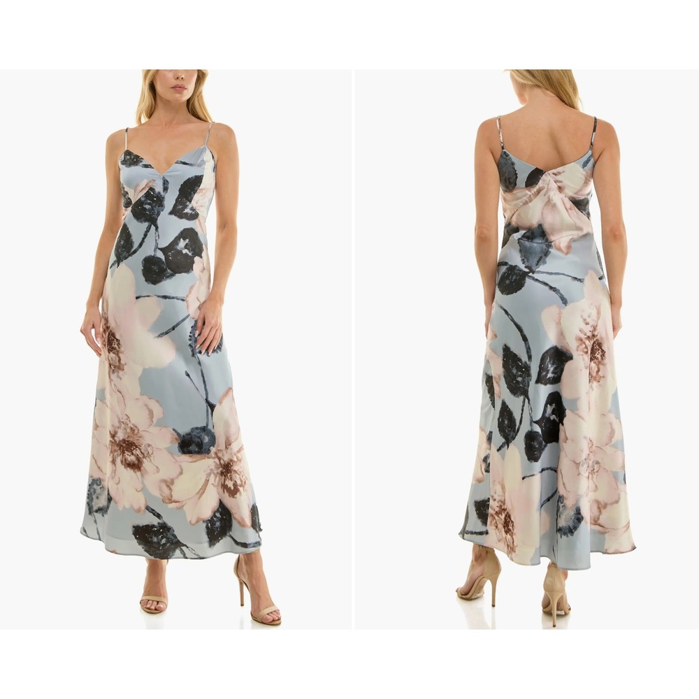 Socialite Floral Print Stretch Satin Slip Maxi Dress Womens Small Silky Feminine
